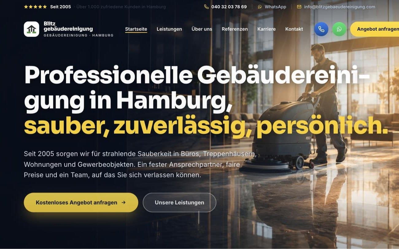 Website der Blitzgebäudereinigung aus Hamburg, Reinigungsunternehmen, erstellt von Mehr Auftrag