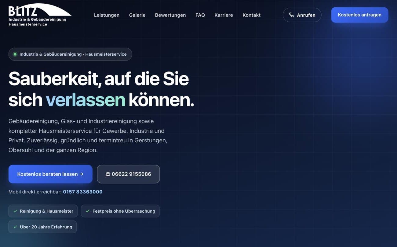 Website von Blitz Industrie und Gebäudereinigung aus der Region Bebra, Gebäudereinigung und Hausmeisterservice, erstellt von Mehr Auftrag