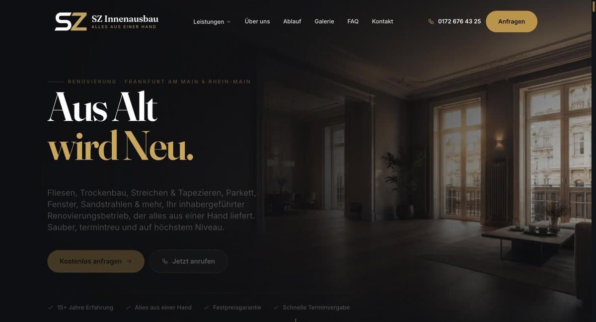 Website von SZ Innenausbau aus Frankfurt, Renovierungs- und Sanierungsbetrieb, erstellt von Mehr Auftrag