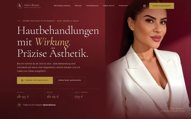 Website für Kosmetikstudio Axéra Beauty in Offenbach, Desktop Ansicht